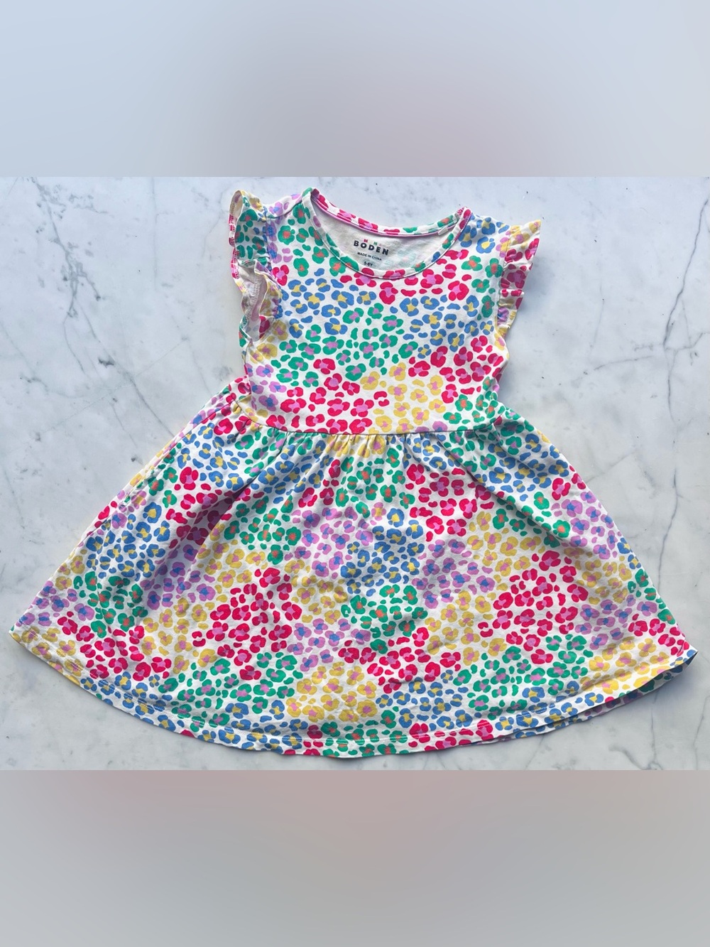 Mini Boden Girls Posie Frill Sleeve Dress Multi Rainbow Leopard Size 5-6Y